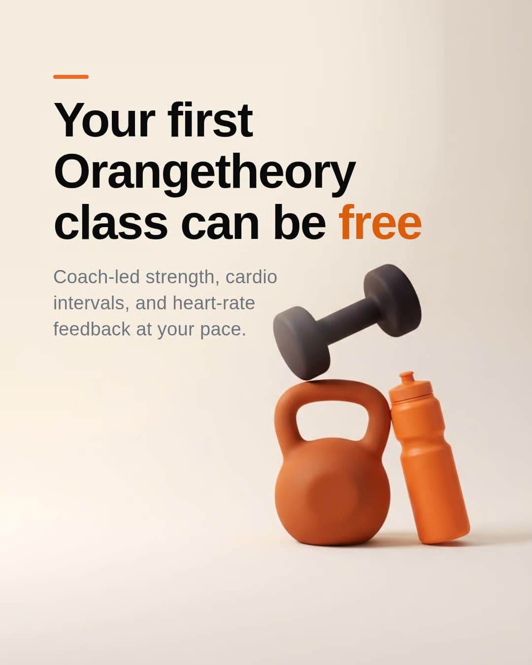 "Your first Orangetheory class can be free" — coach-led strength, cardio intervals, and heart-rate feedback.