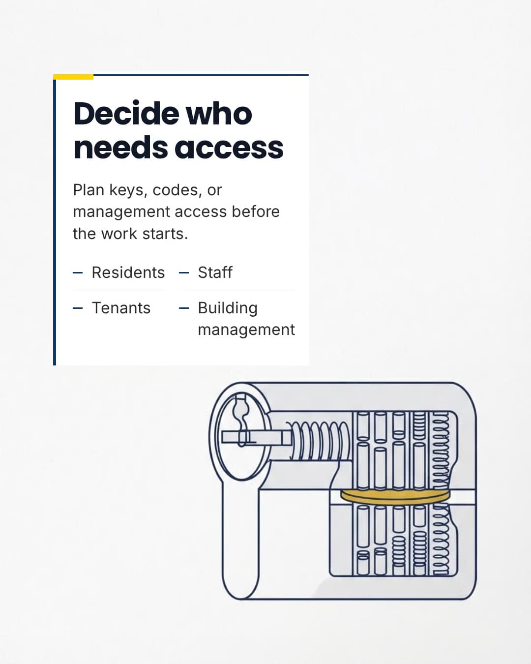 "Decide who needs access." Plan keys, codes, or management access before the work starts.
