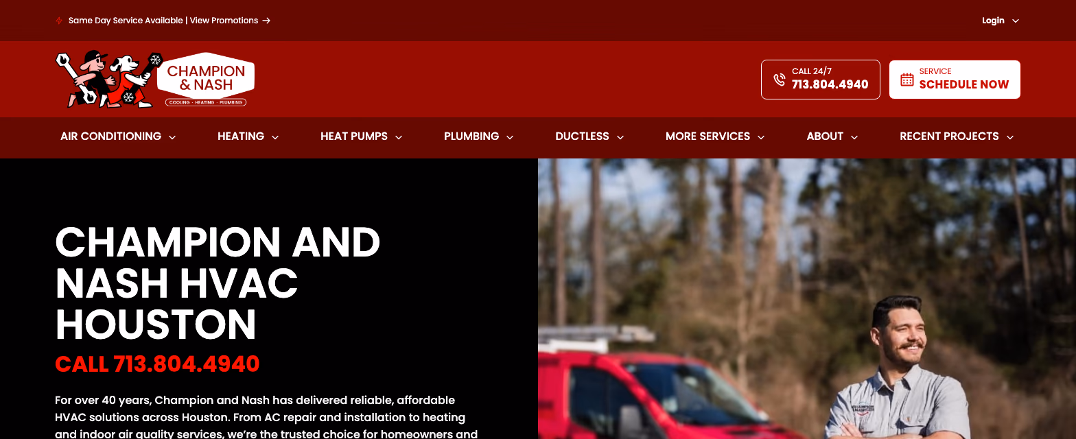 Site da Champion & Nash com seus serviços de climatização e identidade visual.